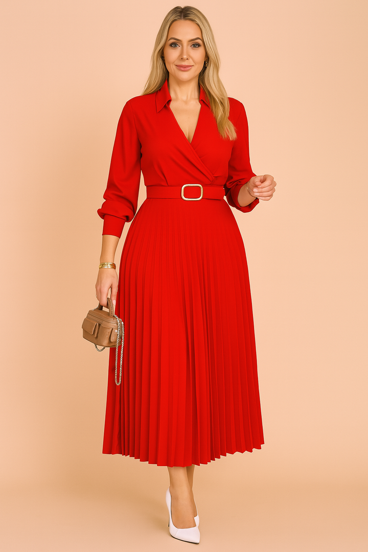 Elegant Pleated Belted Shirt Midi Dress - Wedding Guest
