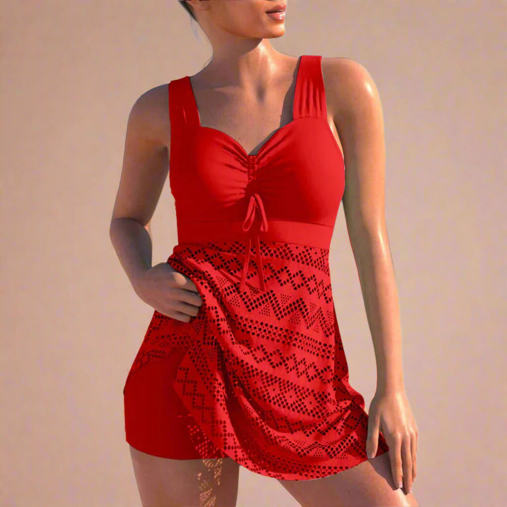 Geometric Lace Overlay Tummy Control Swim Dress