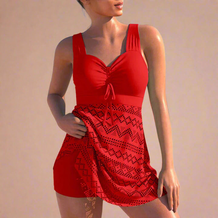 Geometric Lace Overlay Tummy Control Swim Dress