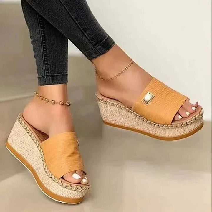 Ribbed Strap Open Toe Espadrille Platform Wedge Mules Women