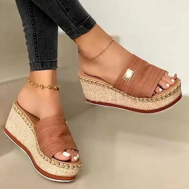 Ribbed Strap Open Toe Espadrille Platform Wedge Mules Women