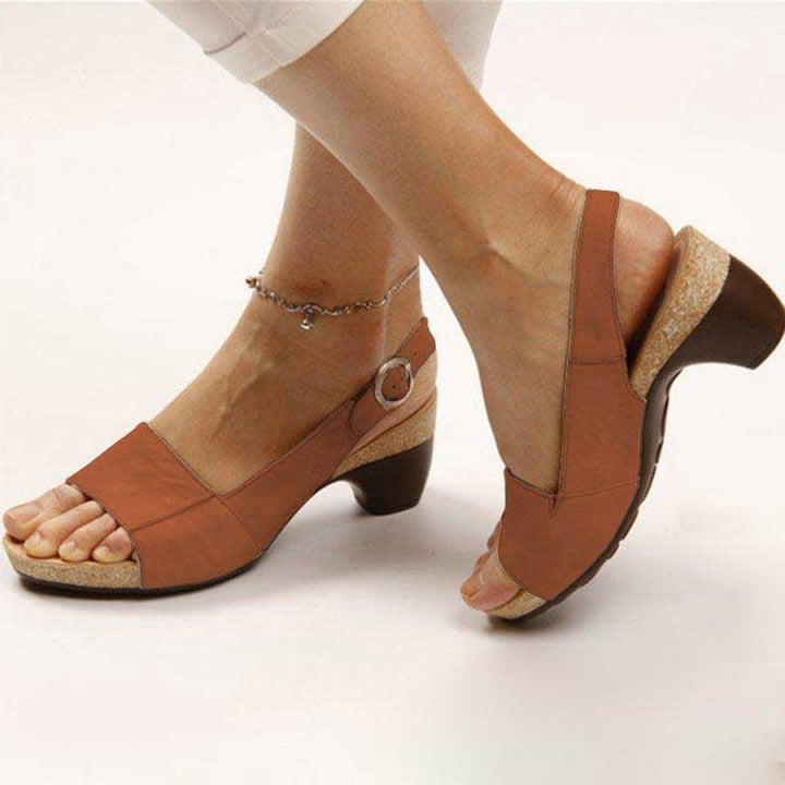 Buckle Ankle Strap Open Toe Cork Block Heel Sandals Women