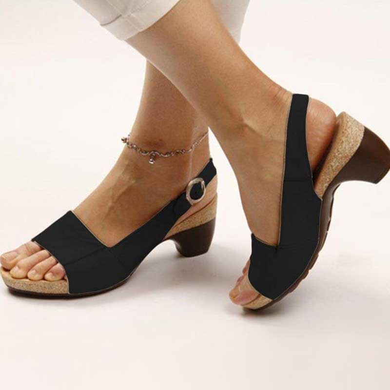 Buckle Ankle Strap Open Toe Cork Block Heel Sandals Women