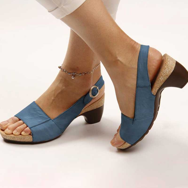Buckle Ankle Strap Open Toe Cork Block Heel Sandals Women
