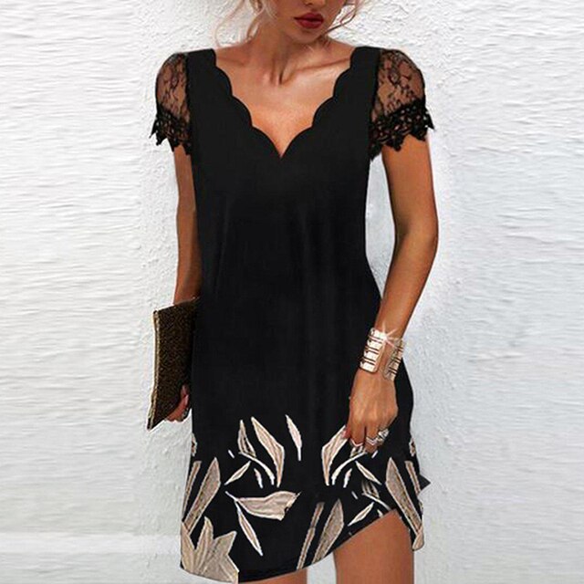 Lace Sleeve Scallop V Neck Cocktail Mini Dress