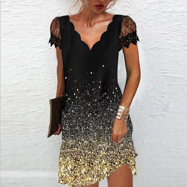 Lace Sleeve Scallop V Neck Cocktail Mini Dress