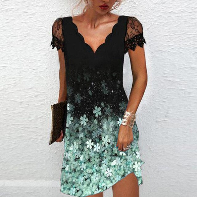 Lace Sleeve Scallop V Neck Cocktail Mini Dress