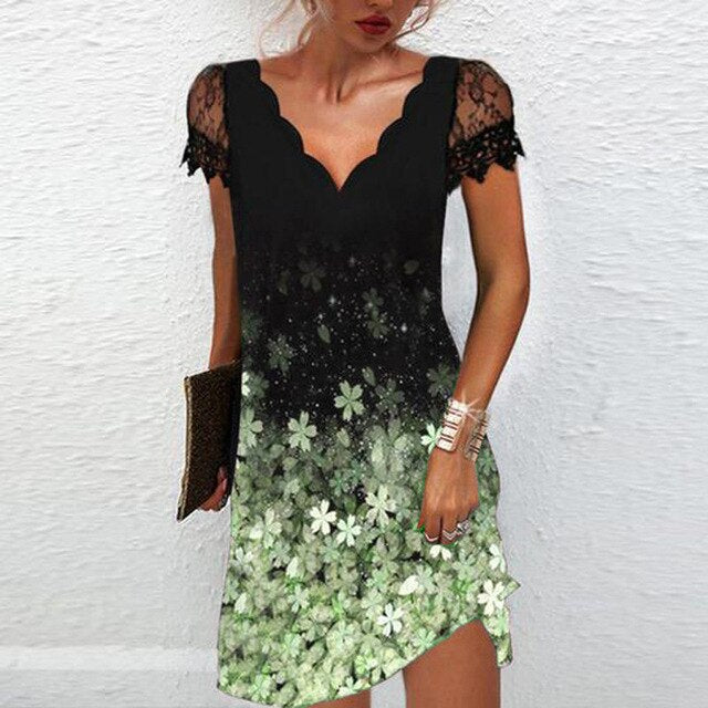 Lace Sleeve Scallop V Neck Cocktail Mini Dress