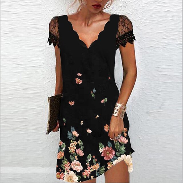 Lace Sleeve Scallop V Neck Cocktail Mini Dress