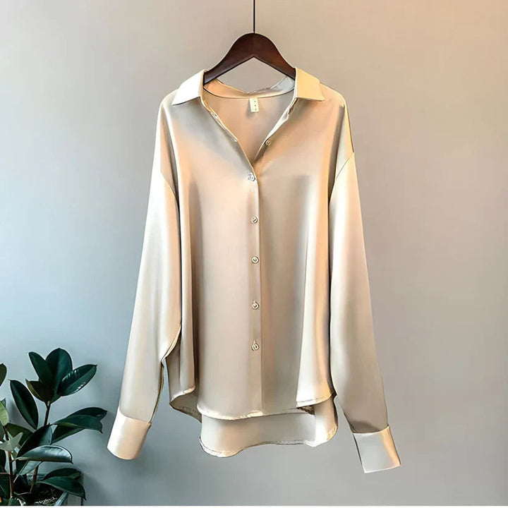 Satin Oversized Long Sleeve Button Down Relaxed Dressy Blouse