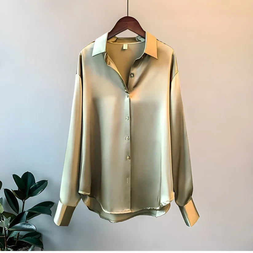 Satin Oversized Long Sleeve Button Down Relaxed Dressy Blouse