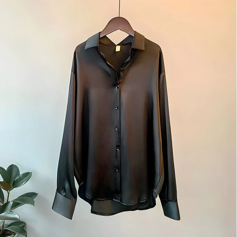 Satin Oversized Long Sleeve Button Down Relaxed Dressy Blouse