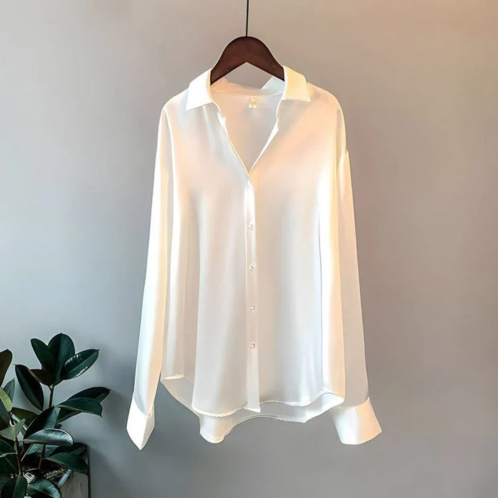 Satin Oversized Long Sleeve Button Down Relaxed Dressy Blouse