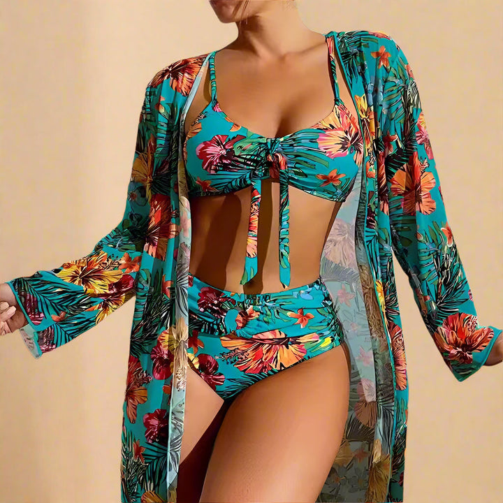 Tropical Floral High Waisted Bikini with Kimono Cover Up