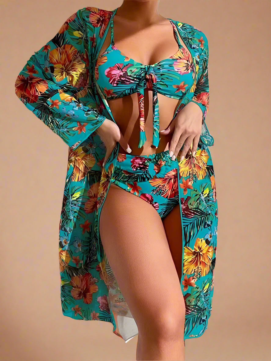 Tropical Floral High Waisted Bikini with Kimono Cover Up