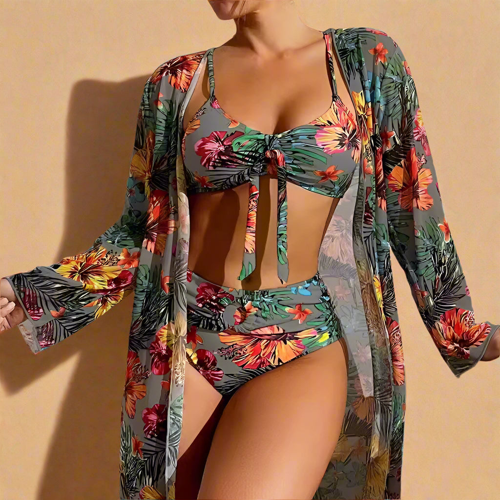 Tropical Floral High Waisted Bikini with Kimono Cover Up