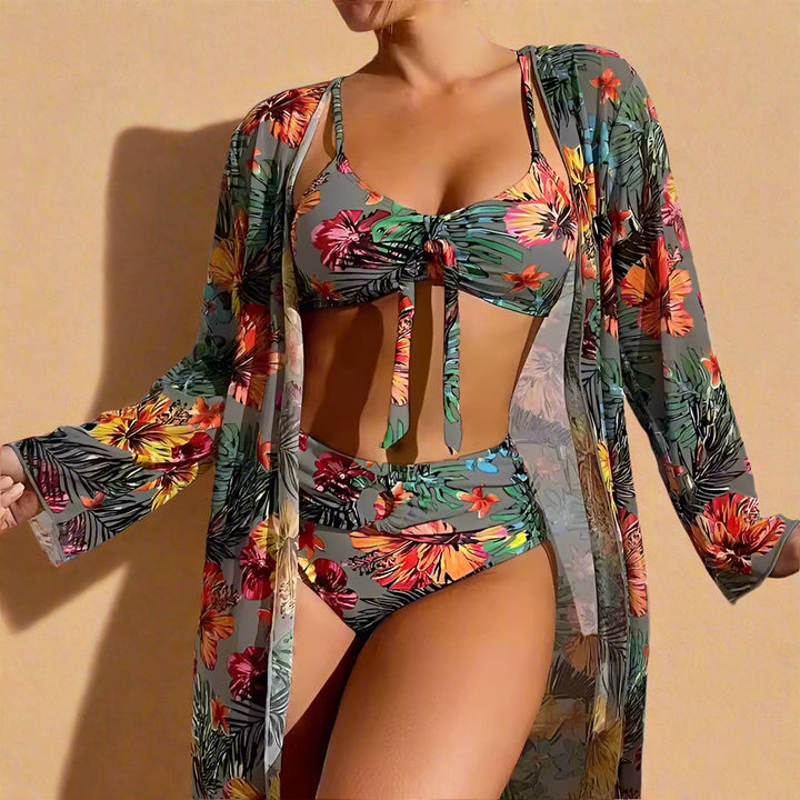 Tropical Floral High Waisted Bikini with Kimono Cover Up