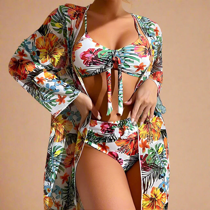 Tropical Floral High Waisted Bikini with Kimono Cover Up
