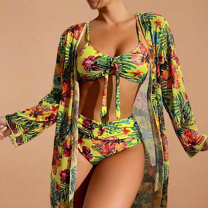 Tropical Floral High Waisted Bikini with Kimono Cover Up