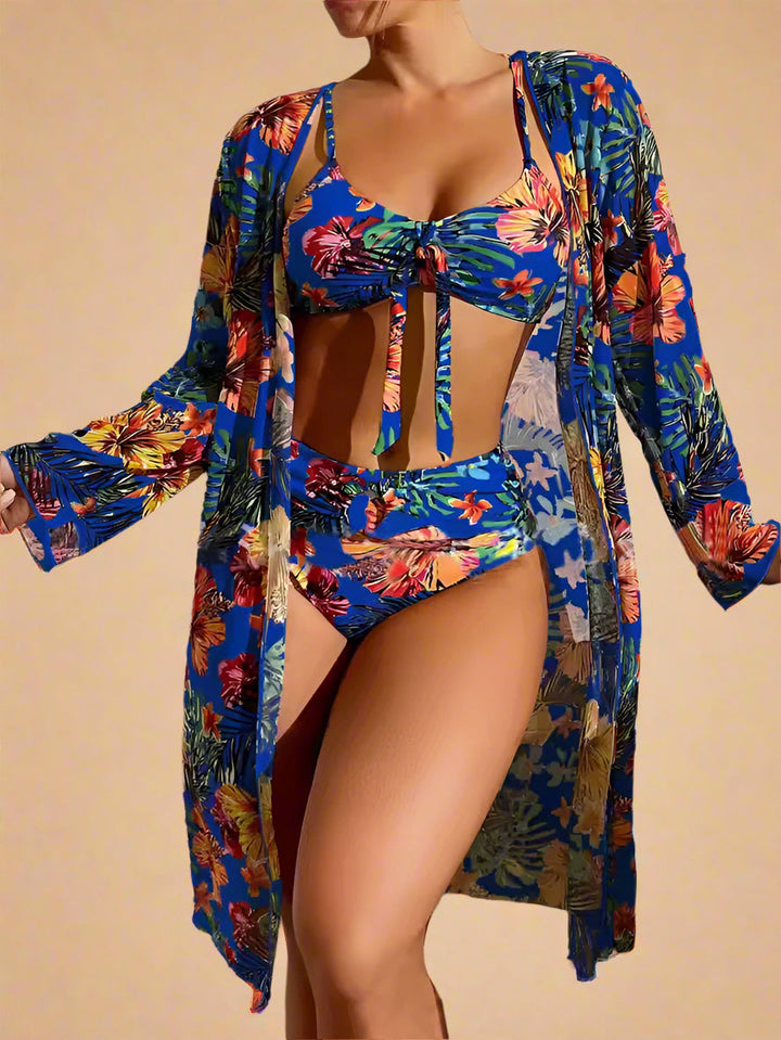 Tropical Floral High Waisted Bikini with Kimono Cover Up