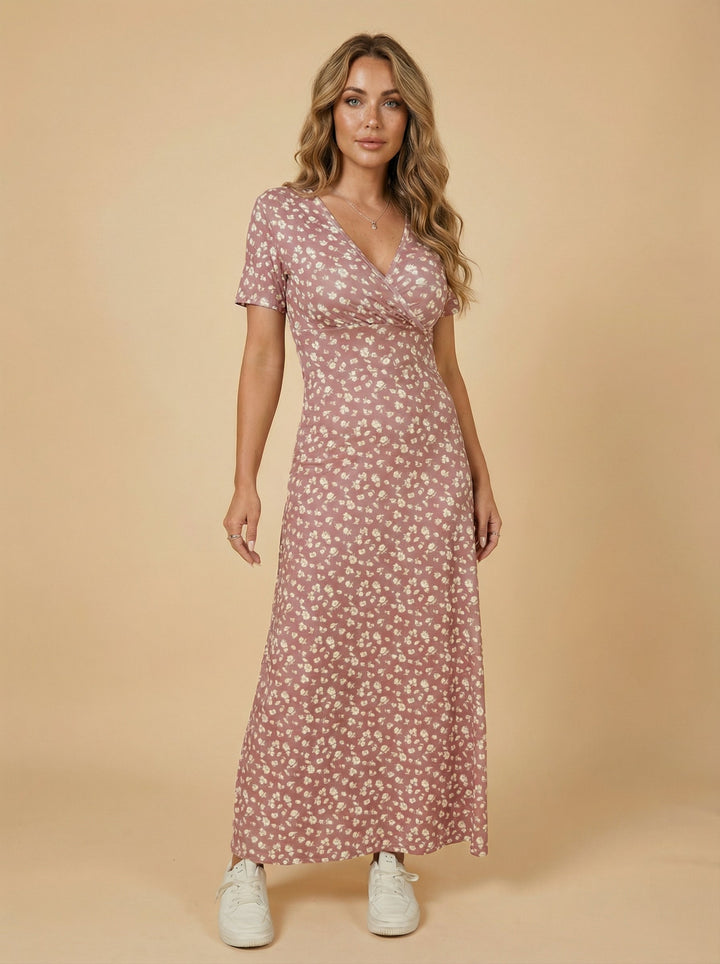 Floral Wrap V Neck Short Sleeve Casual Maxi Dress