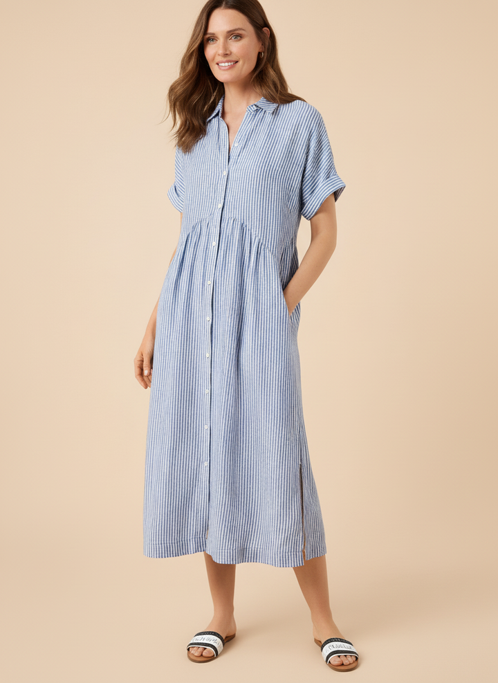 Casual Striped Cotton Summer Shirt Midi Dress