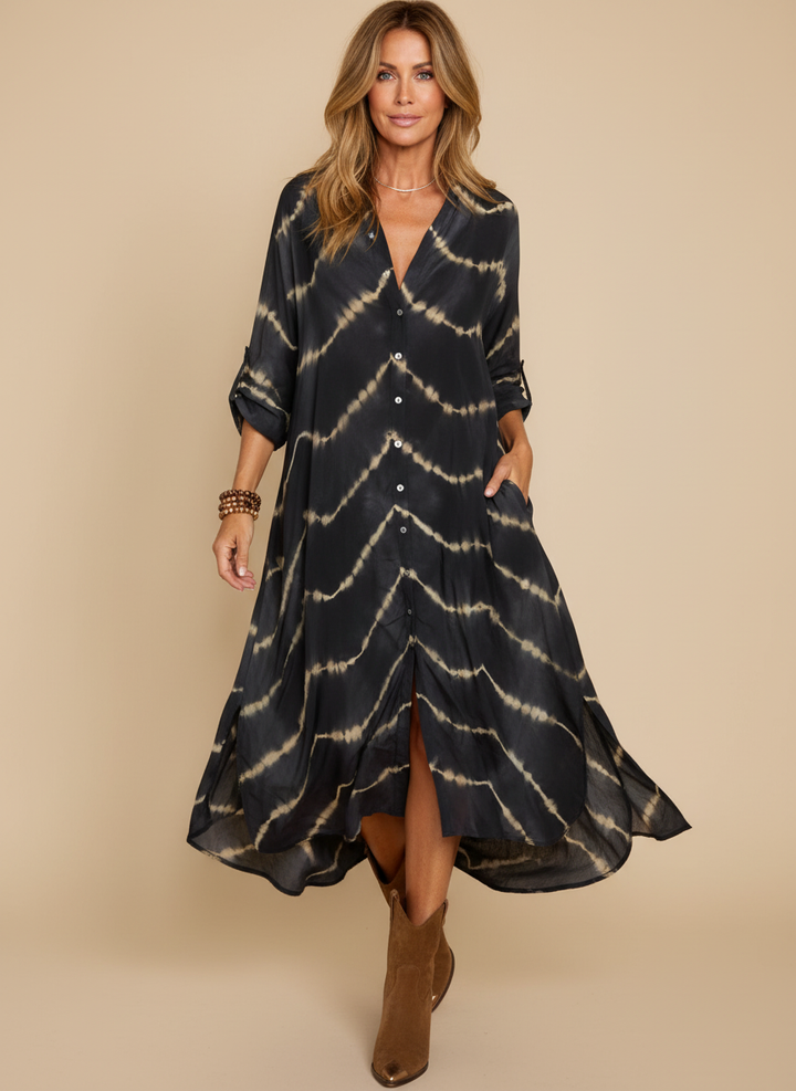 Tie Dye Chevron Print Oversized Shirt Maxi Dress