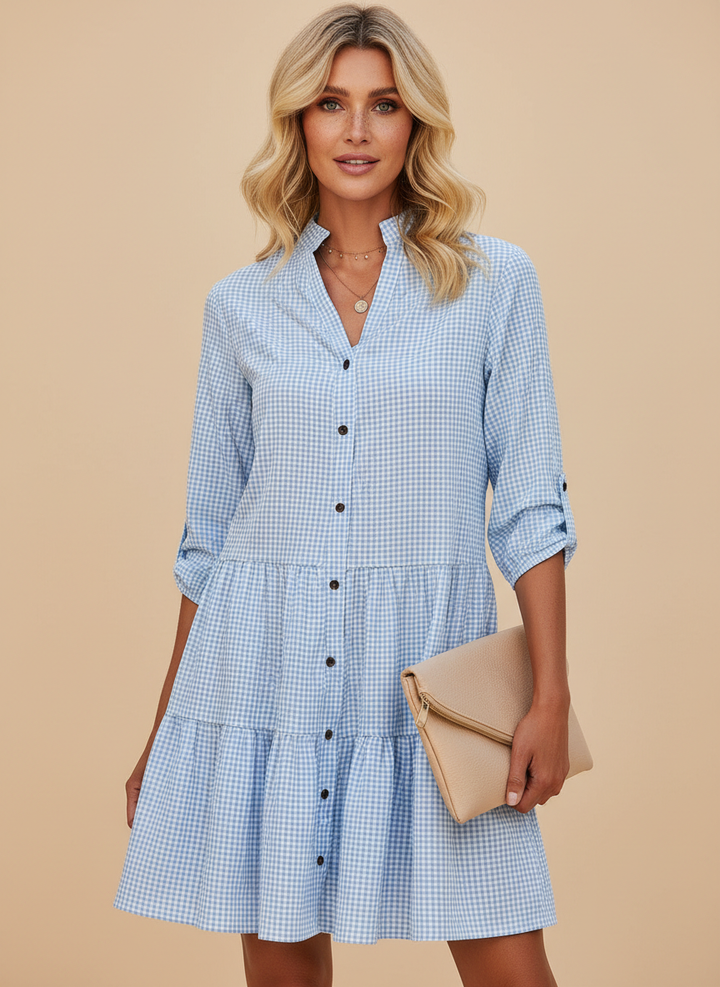 Casual Gingham Check Tiered Button Front Mini Dress