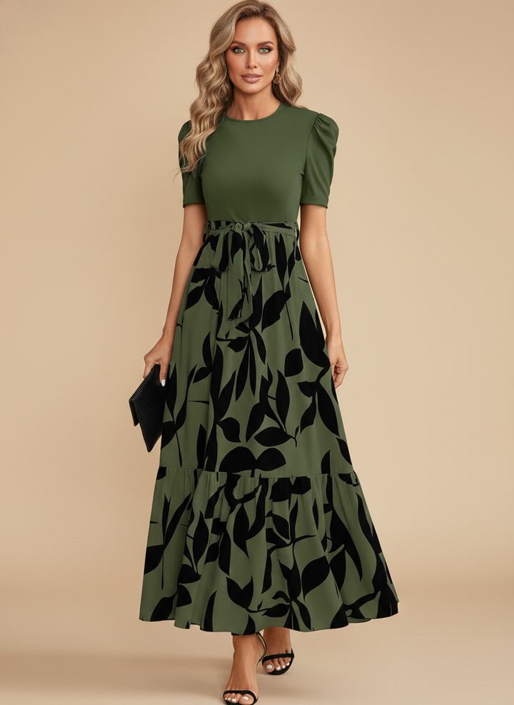 Botanical Print Contrast Tie Waist Tiered Maxi Dress
