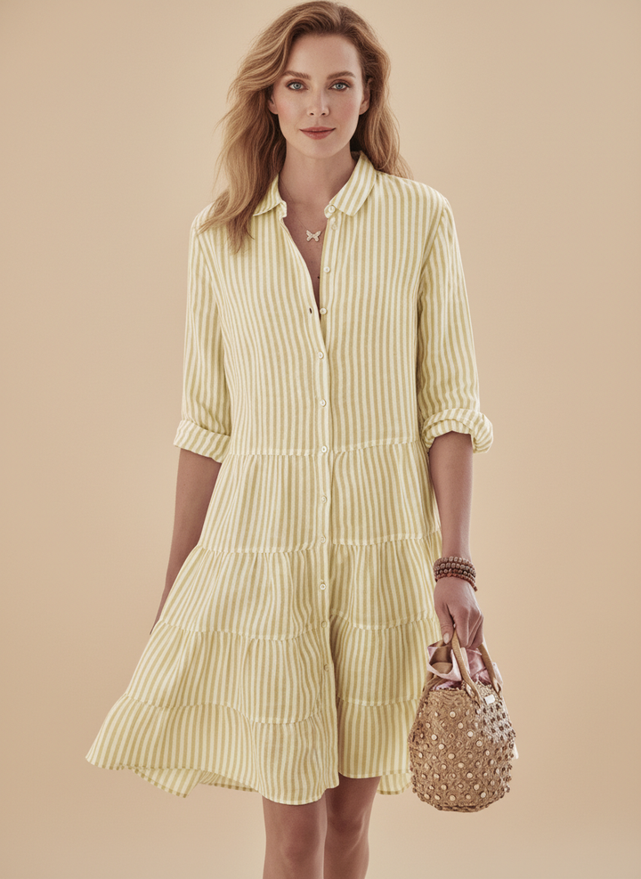 Casual Striped Linen Tiered Shirt Mini Dress