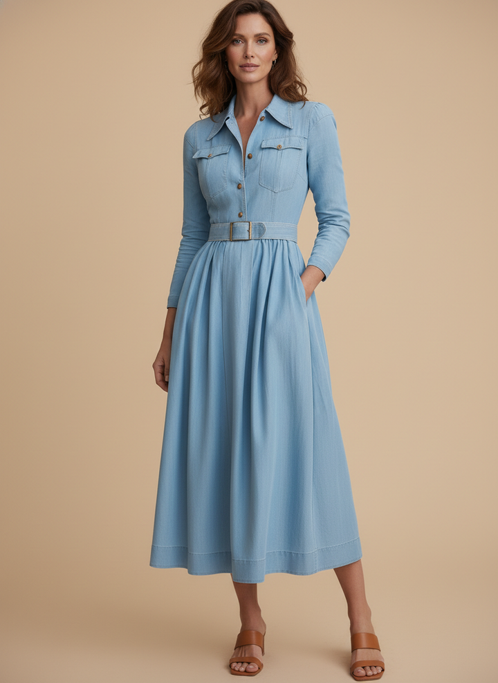 Casual Belted Long Sleeve Denim Shirt Midi Dress