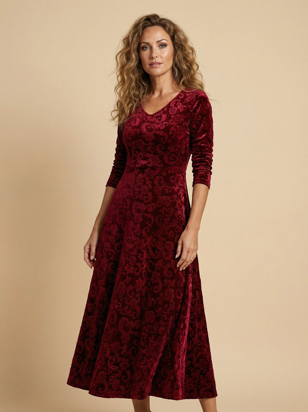 Embossed Velvet V Neck Long Sleeve A Line Midi Evening Dress