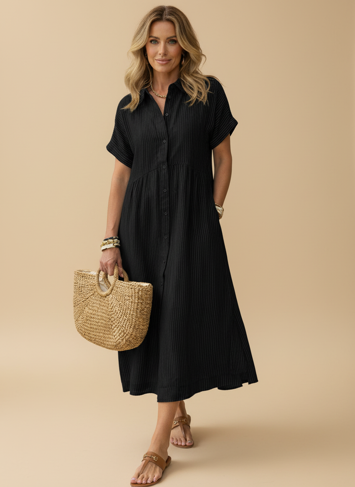 Casual Striped Cotton Summer Shirt Midi Dress