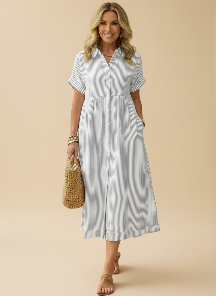Casual Striped Cotton Summer Shirt Midi Dress