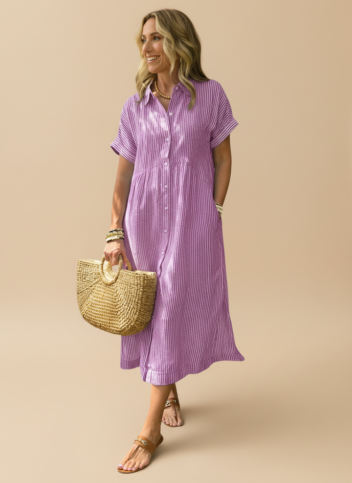 Casual Striped Cotton Summer Shirt Midi Dress