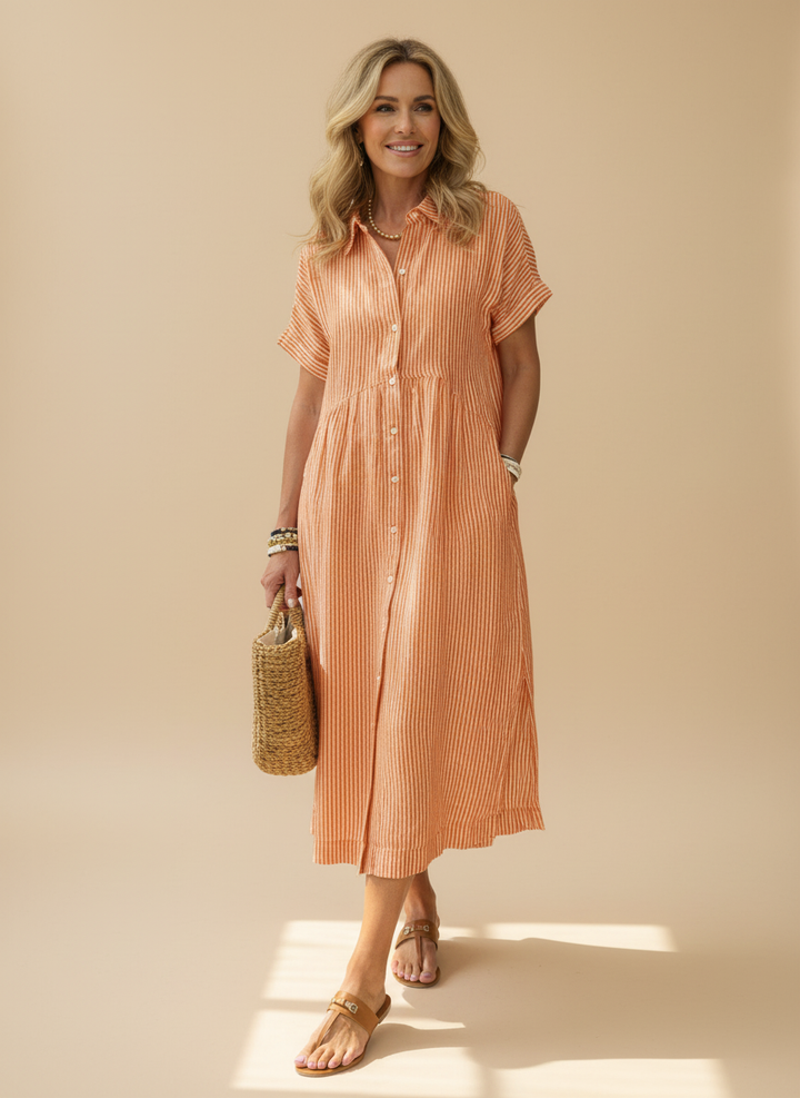 Casual Striped Cotton Summer Shirt Midi Dress