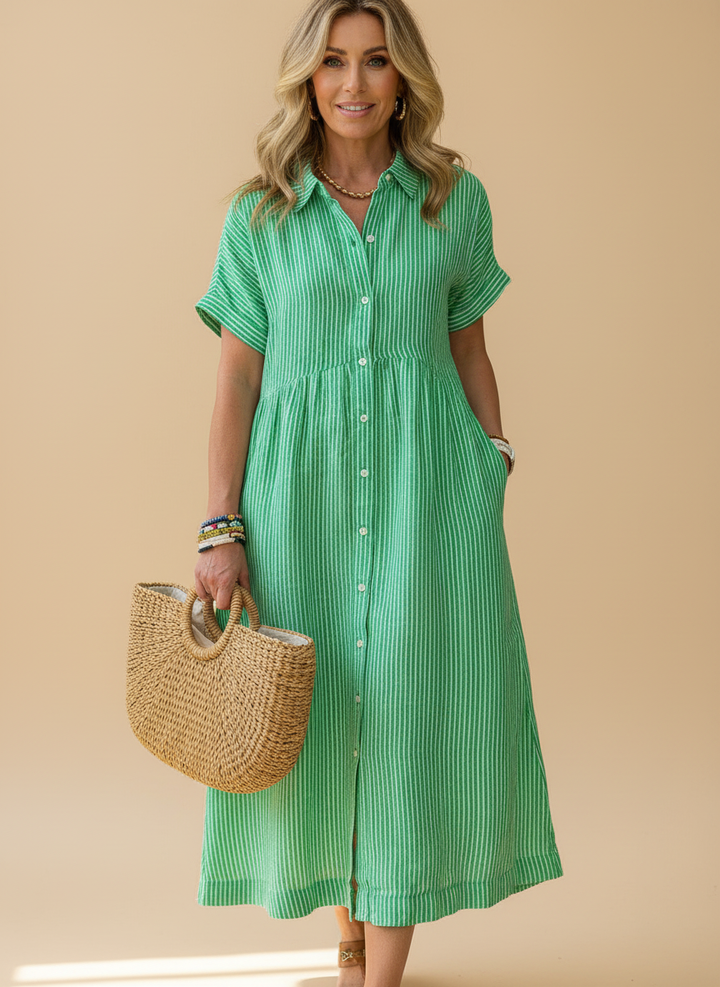 Casual Striped Cotton Summer Shirt Midi Dress