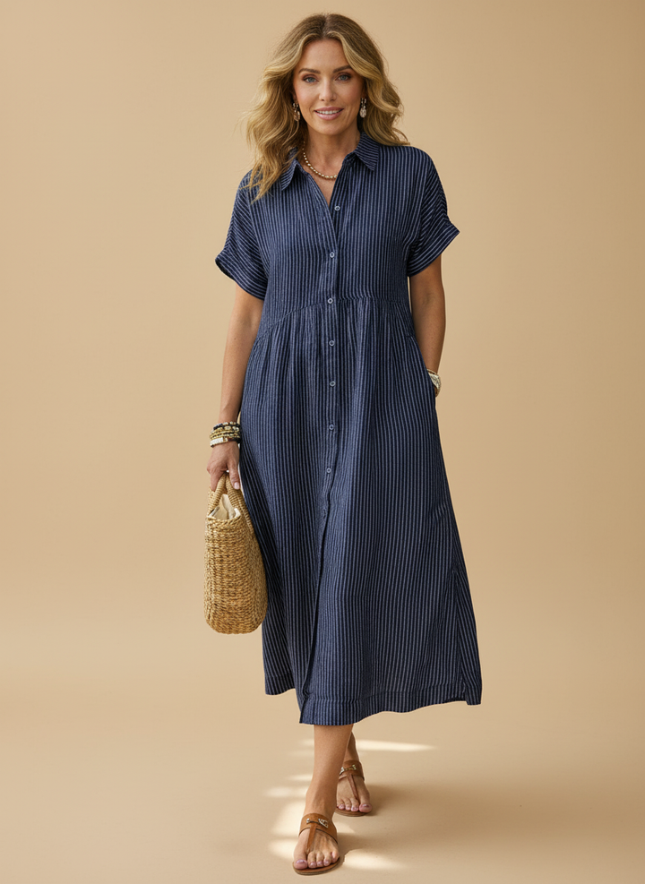 Casual Striped Cotton Summer Shirt Midi Dress