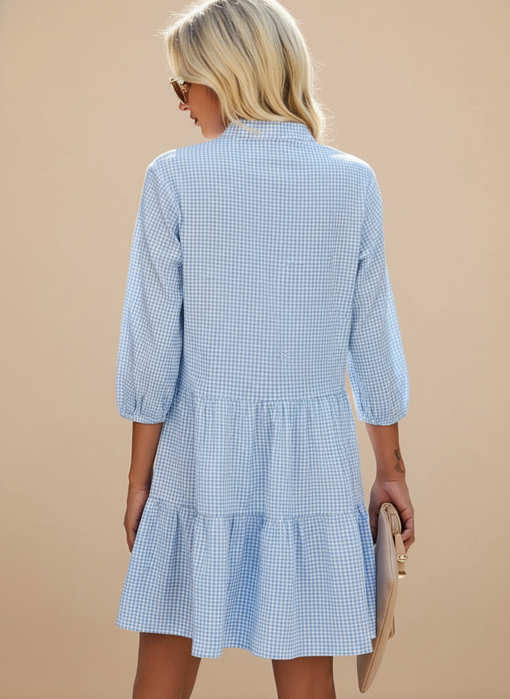 Casual Gingham Check Tiered Button Front Mini Dress