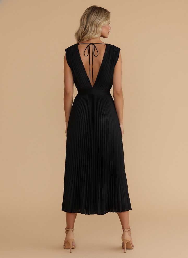 Elegant Pleated V Neck Cap Sleeve Satin Midi Dress - Wedding Guest