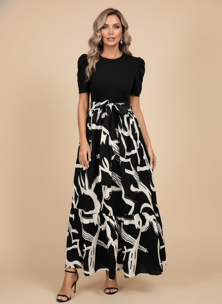 Botanical Print Contrast Tie Waist Tiered Maxi Dress