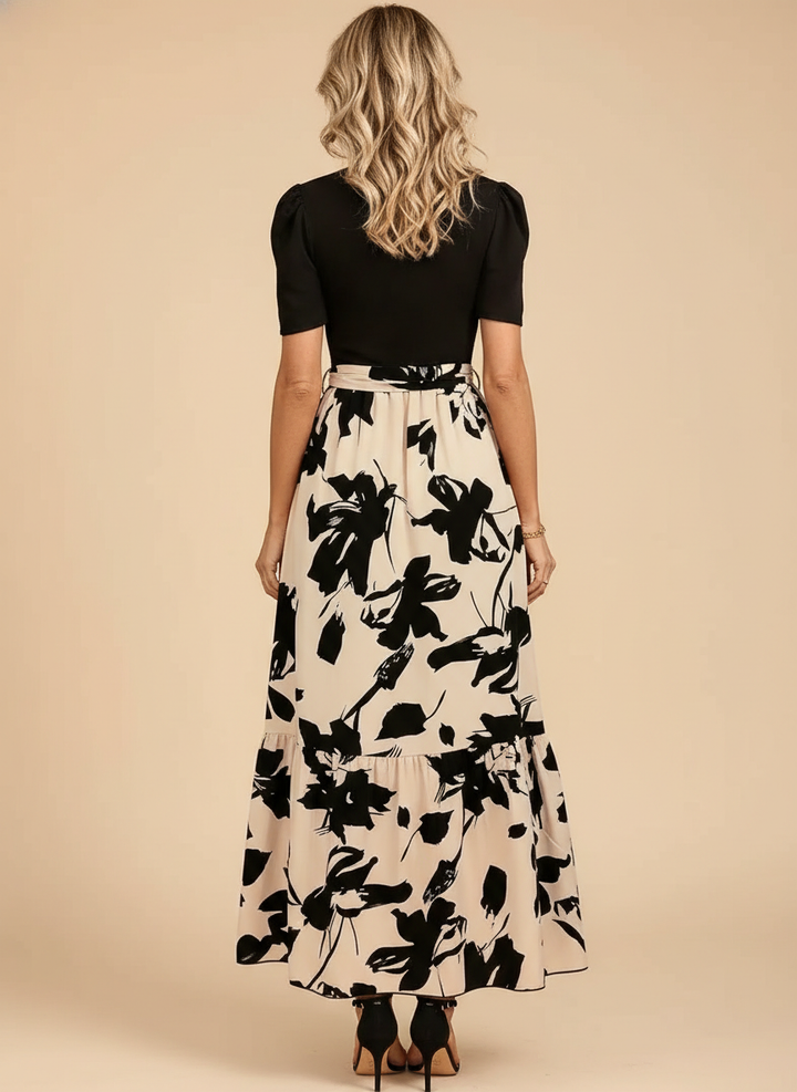 Botanical Print Contrast Tie Waist Tiered Maxi Dress