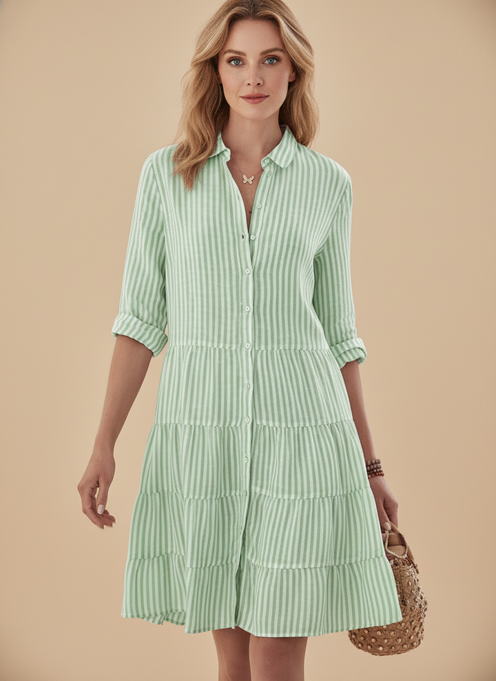 Casual Striped Linen Tiered Shirt Mini Dress