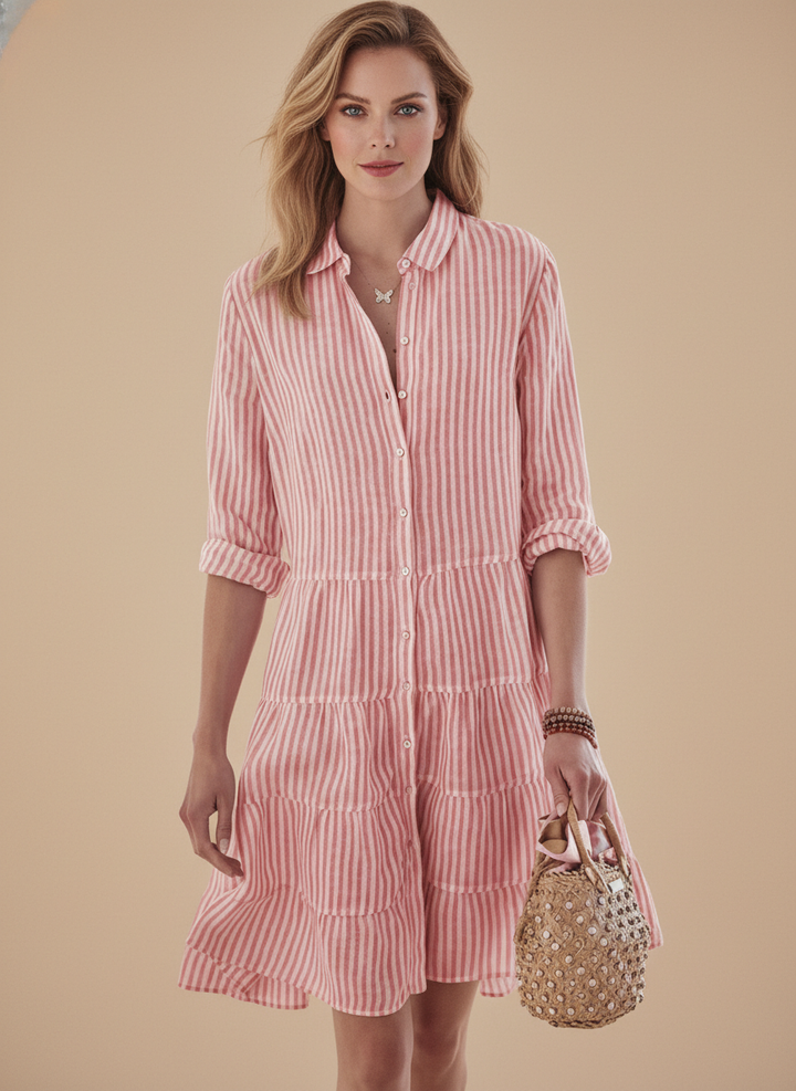 Casual Striped Linen Tiered Shirt Mini Dress