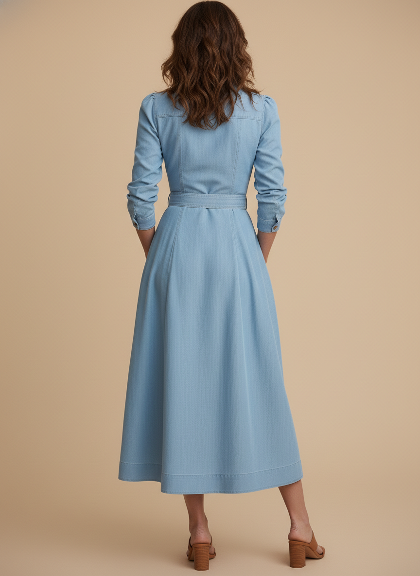 Casual Belted Long Sleeve Denim Shirt Midi Dress