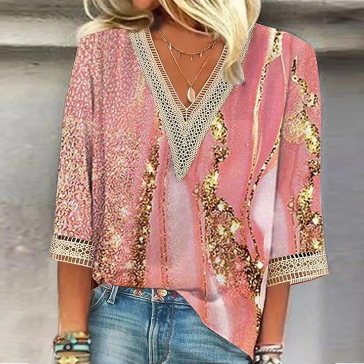 Metallic Print Lace Trim Boho Blouse Women