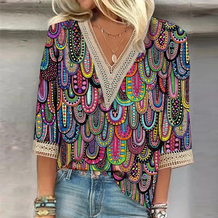 Metallic Print Lace Trim Boho Blouse Women