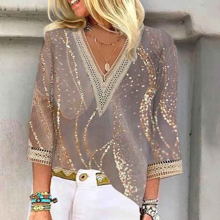 Metallic Print Lace Trim Boho Blouse Women