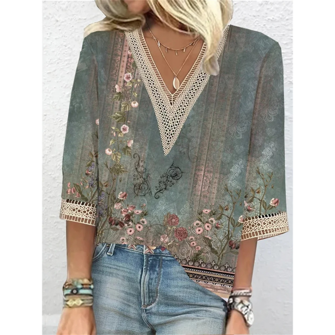 Metallic Print Lace Trim Boho Blouse Women