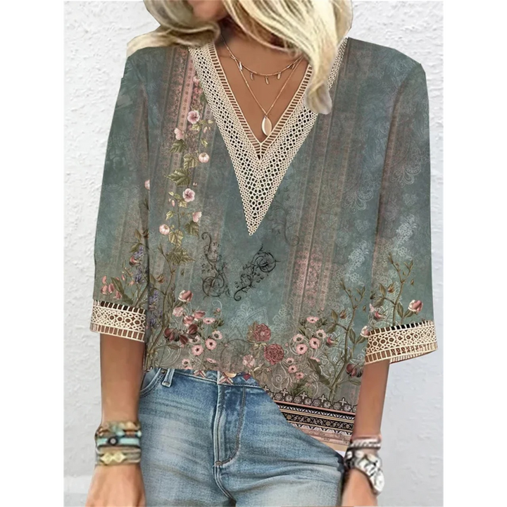 Metallic Print Lace Trim Boho Blouse Women